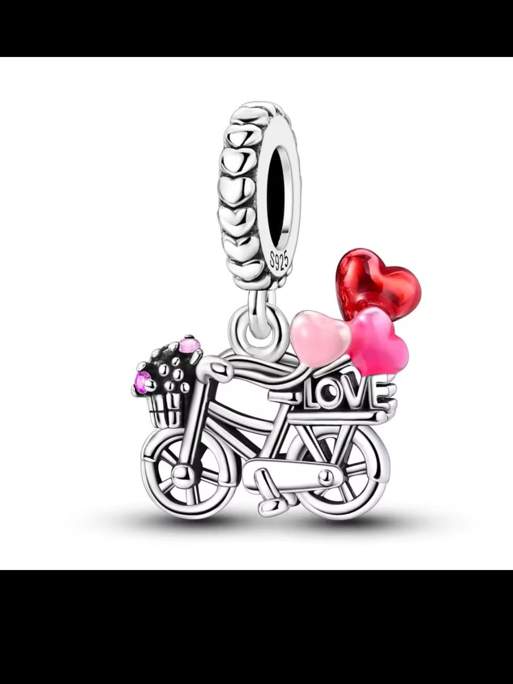 Sterling Silver 'Love' Bicycle Charm Pendant with Pink & Red Hearts